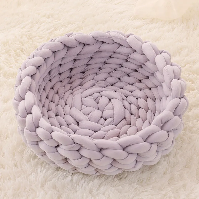 Round soft long plush cat house cushion in beige on a wooden floor, 40cm size option