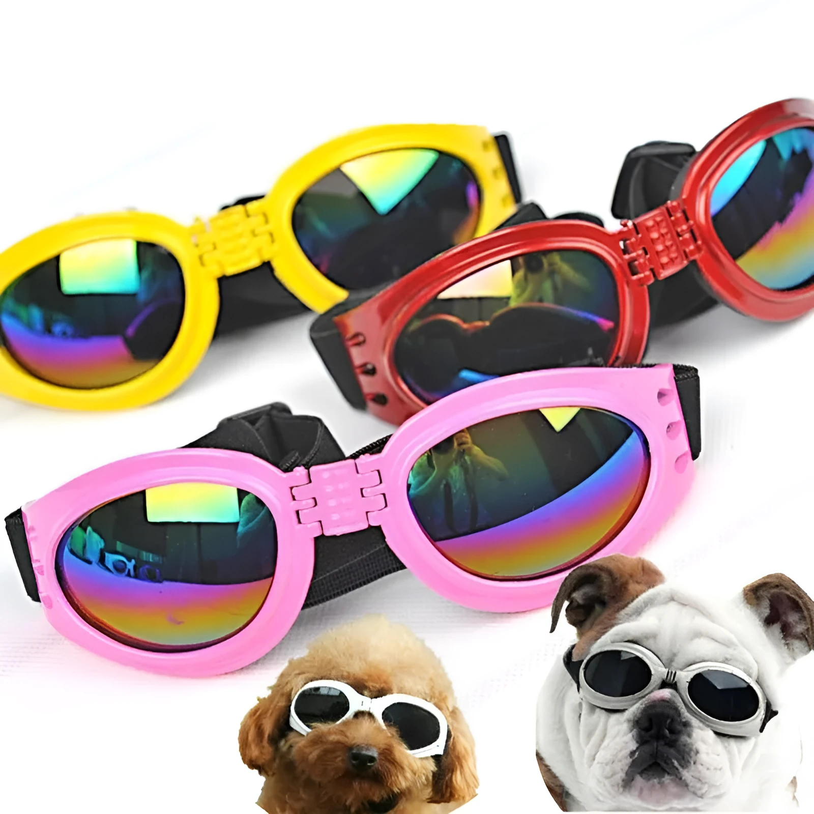 Foldable dog sunglasses in black with UV protection and adjustable straps