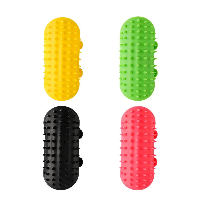 Silicone cat grooming comb with rounded teeth and adjustable strap for table mounting