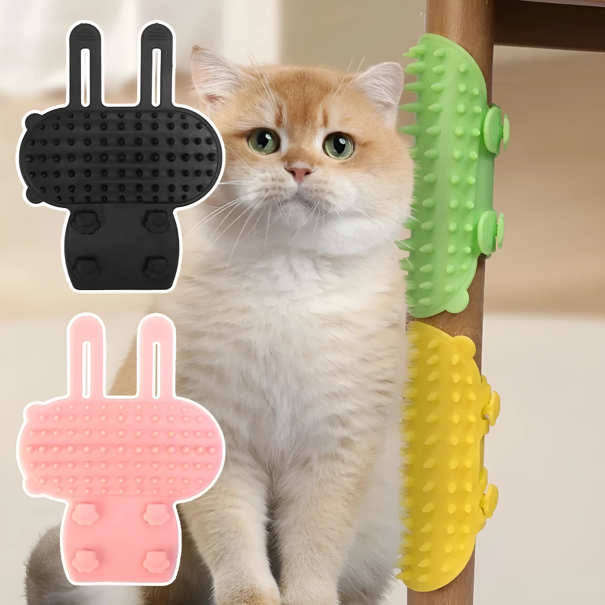 Silicone cat grooming comb with rounded teeth and adjustable strap for table mounting