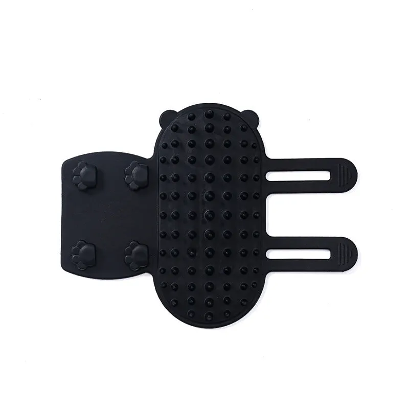 Silicone cat grooming comb with rounded teeth and adjustable strap for table mounting