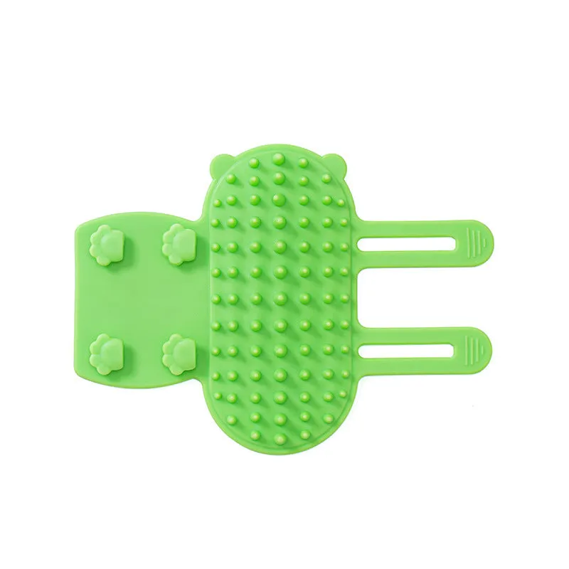 Silicone cat grooming comb with rounded teeth and adjustable strap for table mounting