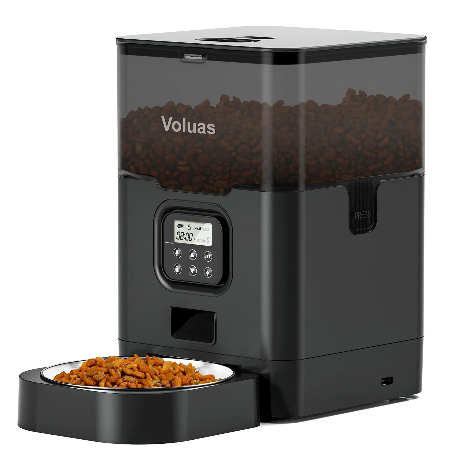 Household pet automatic double meal feeder with stainless steel plate and voice recorder, 4L capacity, black transparent finish