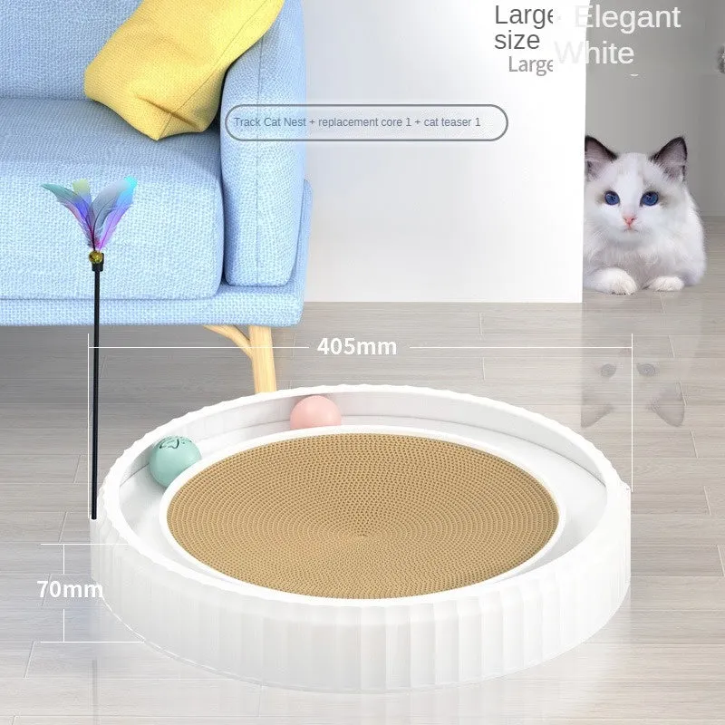 Round cat scratching board with replaceable corrugated paper pad, PP rim, and blue bell ball track