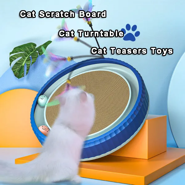 Round cat scratching board with replaceable corrugated paper pad, PP rim, and blue bell ball track