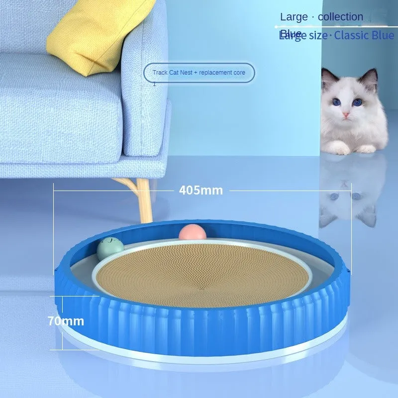 Round cat scratching board with replaceable corrugated paper pad, PP rim, and blue bell ball track