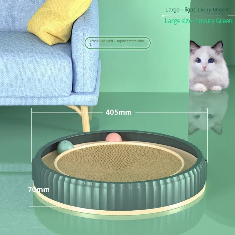 Round cat scratching board with replaceable corrugated paper pad, PP rim, and blue bell ball track
