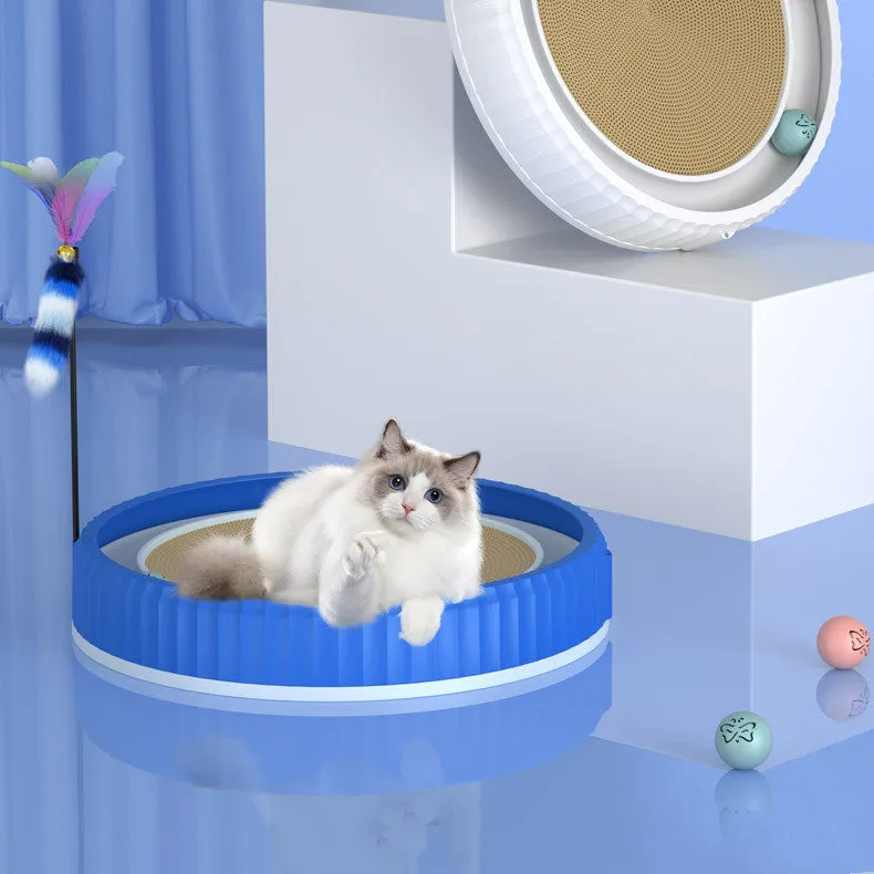 Round cat scratching board with replaceable corrugated paper pad, PP rim, and blue bell ball track