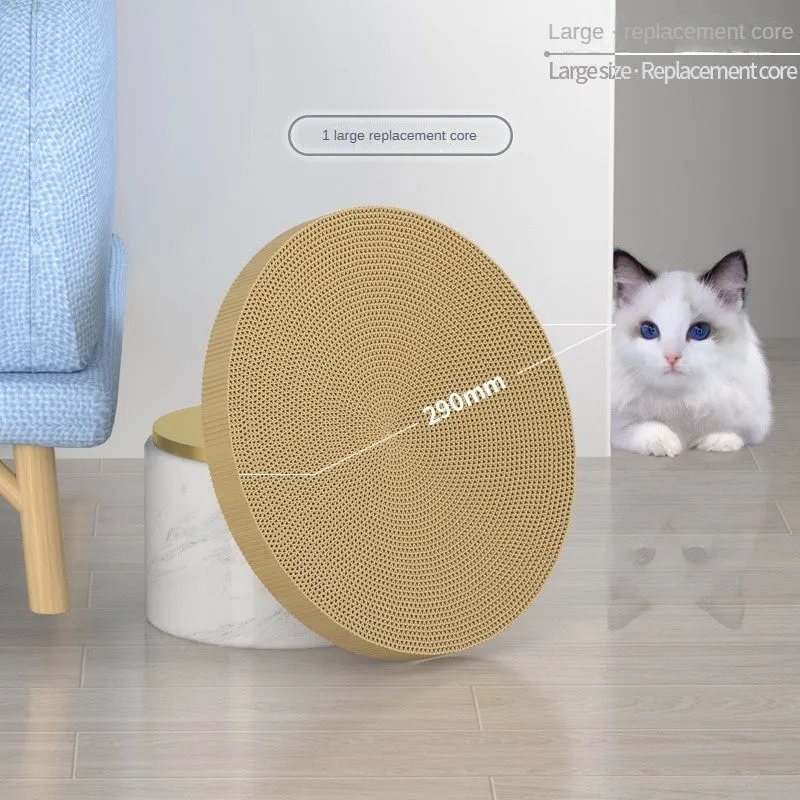 Round cat scratching board with replaceable corrugated paper pad, PP rim, and blue bell ball track