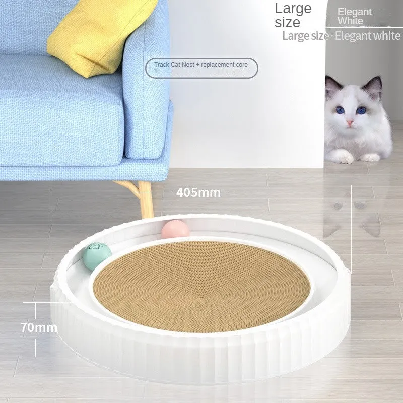Round cat scratching board with replaceable corrugated paper pad, PP rim, and blue bell ball track