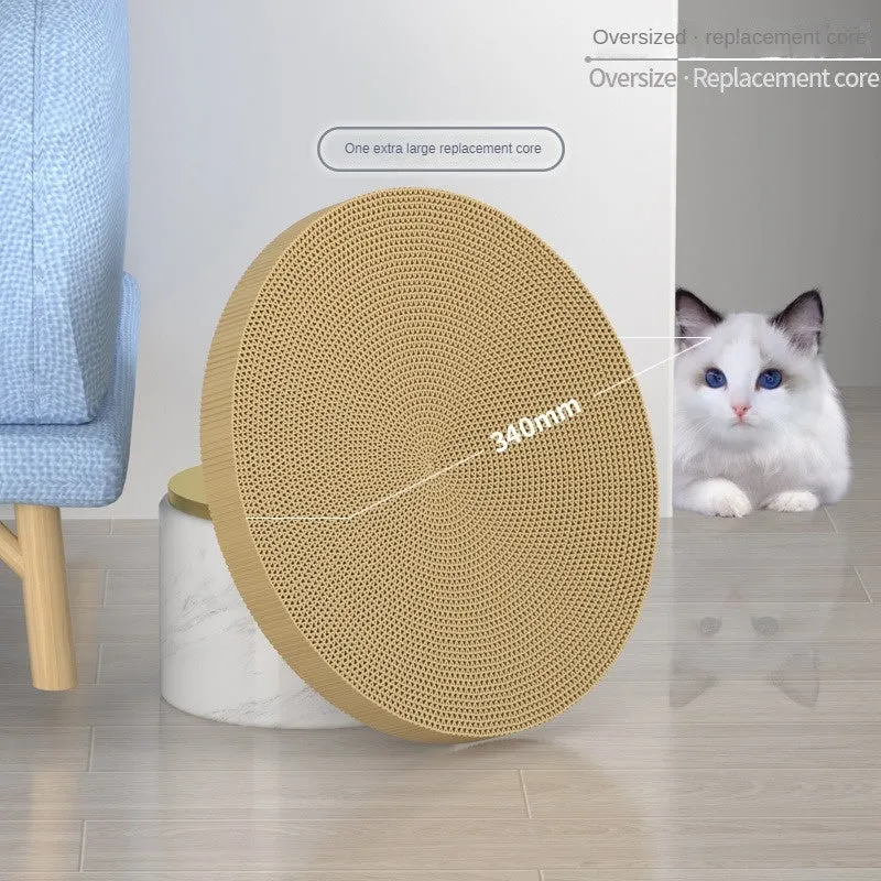Round cat scratching board with replaceable corrugated paper pad, PP rim, and blue bell ball track
