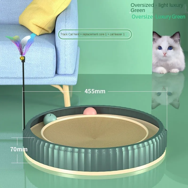 Round cat scratching board with replaceable corrugated paper pad, PP rim, and blue bell ball track