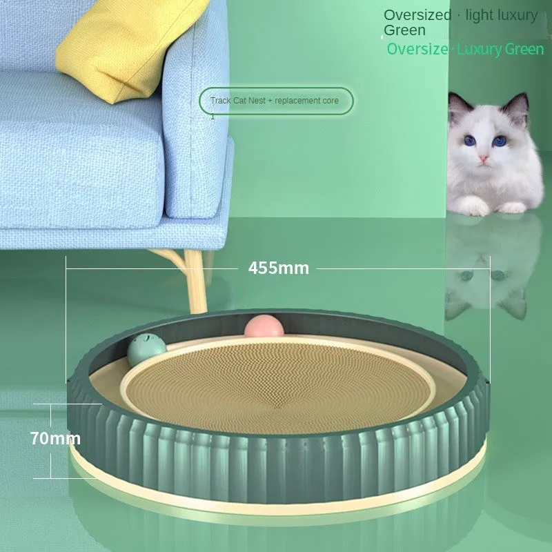 Round cat scratching board with replaceable corrugated paper pad, PP rim, and blue bell ball track