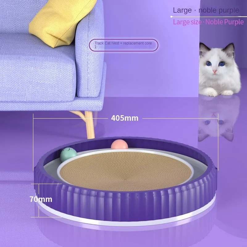 Round cat scratching board with replaceable corrugated paper pad, PP rim, and blue bell ball track
