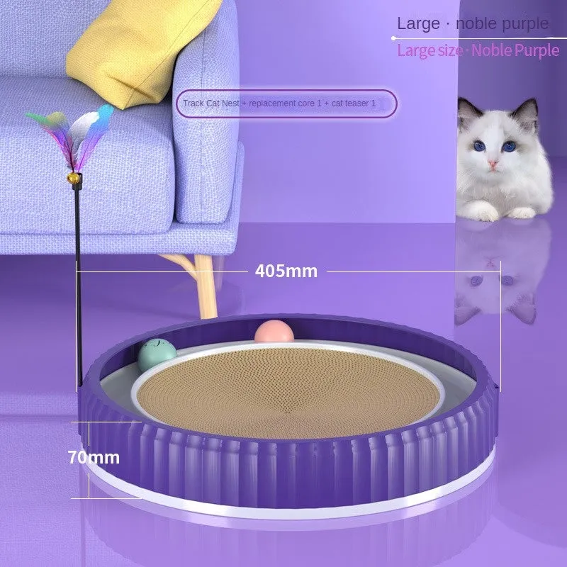 Round cat scratching board with replaceable corrugated paper pad, PP rim, and blue bell ball track