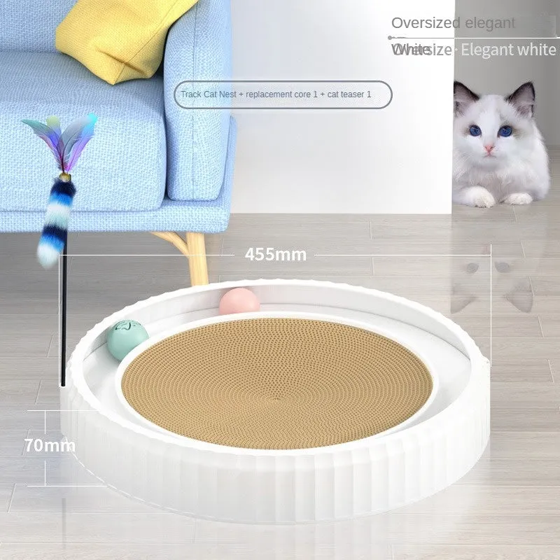 Round cat scratching board with replaceable corrugated paper pad, PP rim, and blue bell ball track