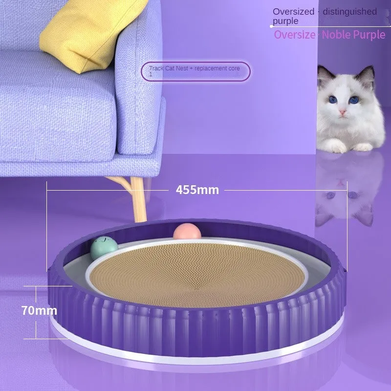 Round cat scratching board with replaceable corrugated paper pad, PP rim, and blue bell ball track