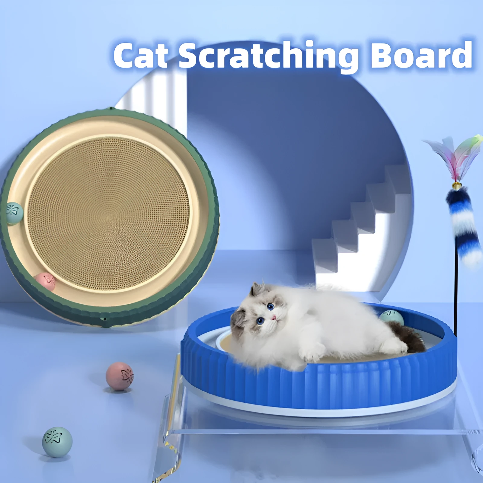 Round cat scratching board with replaceable corrugated paper pad, PP rim, and blue bell ball track