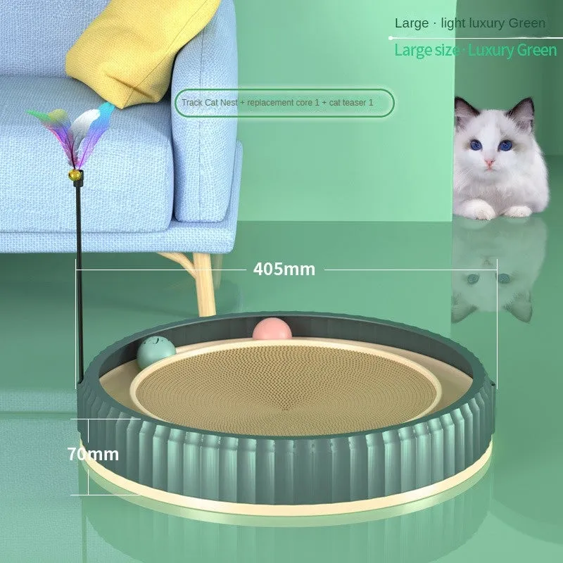 Round cat scratching board with replaceable corrugated paper pad, PP rim, and blue bell ball track