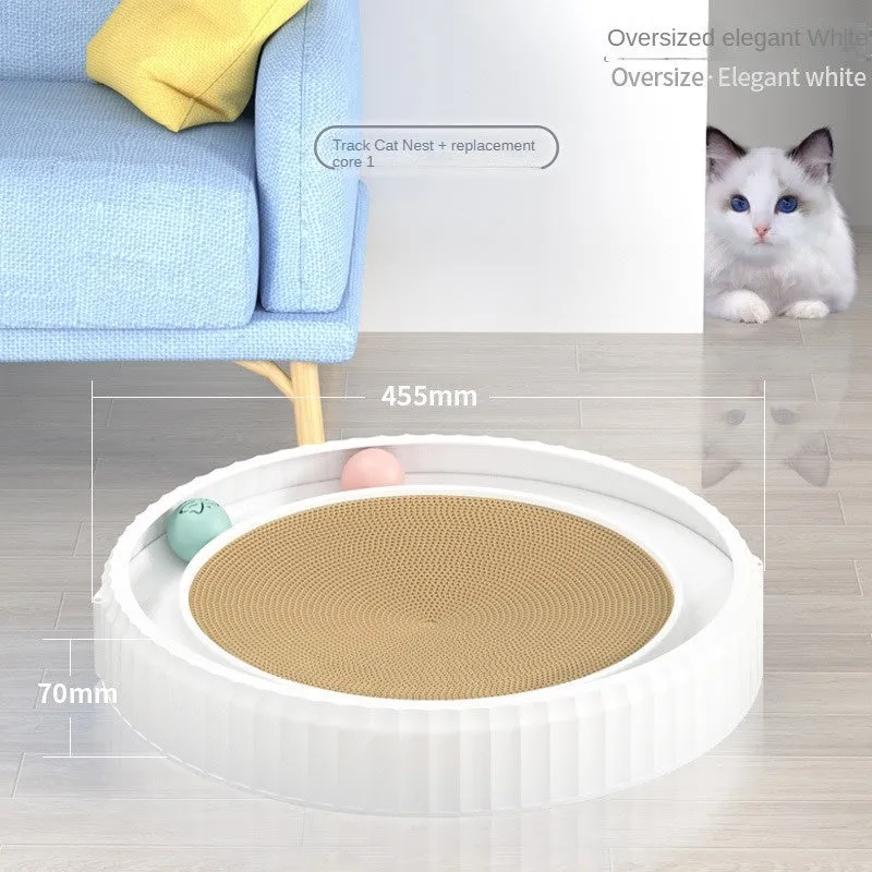 Round cat scratching board with replaceable corrugated paper pad, PP rim, and blue bell ball track