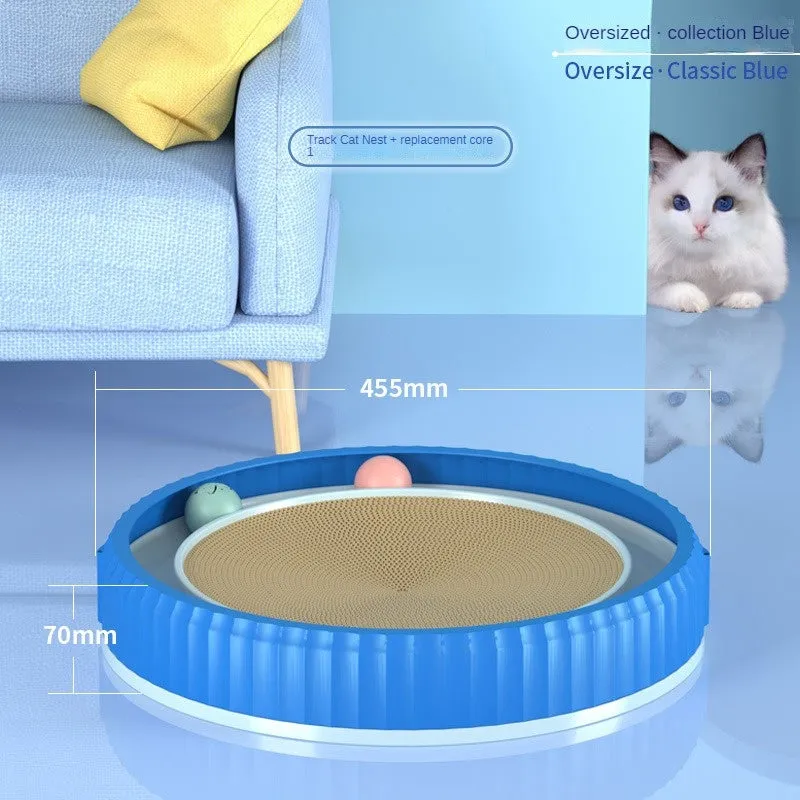Round cat scratching board with replaceable corrugated paper pad, PP rim, and blue bell ball track