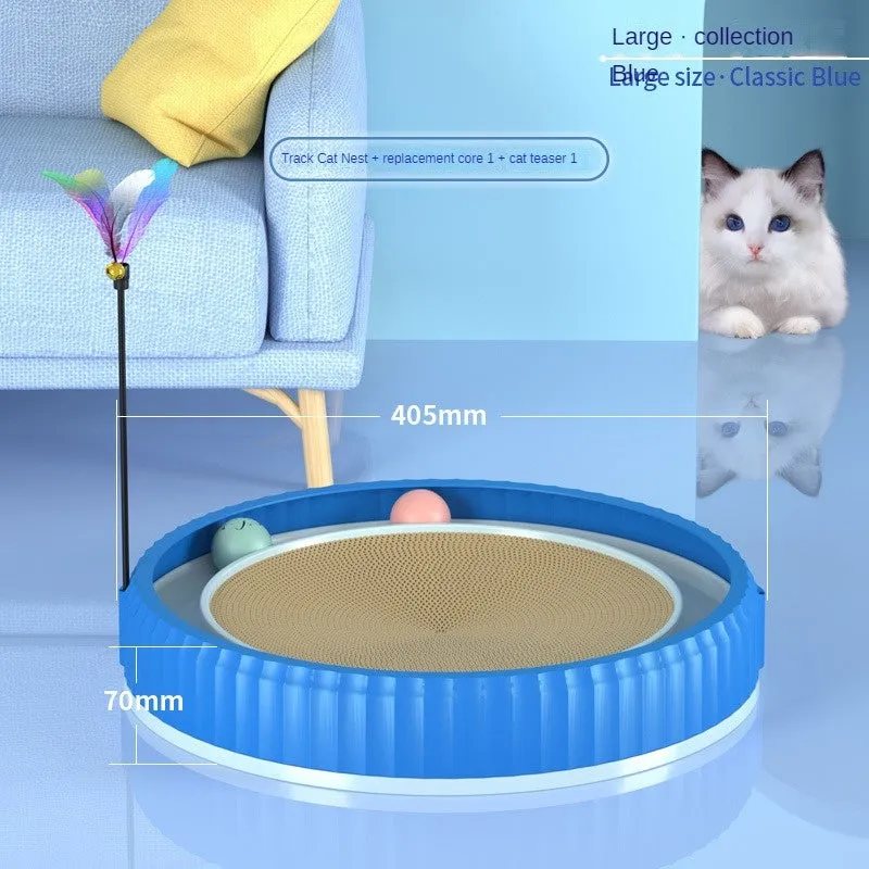 Round cat scratching board with replaceable corrugated paper pad, PP rim, and blue bell ball track