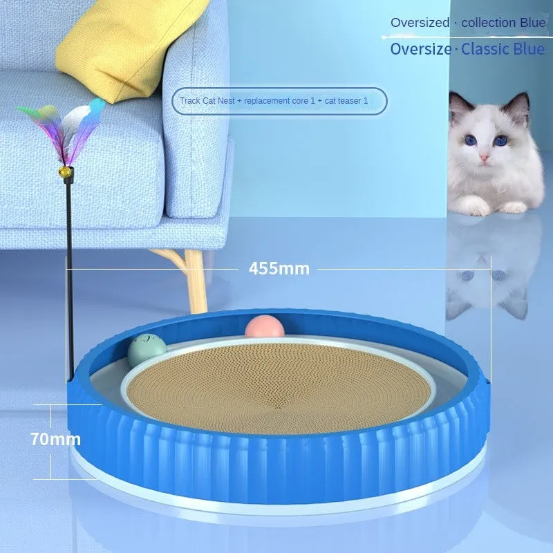 Round cat scratching board with replaceable corrugated paper pad, PP rim, and blue bell ball track