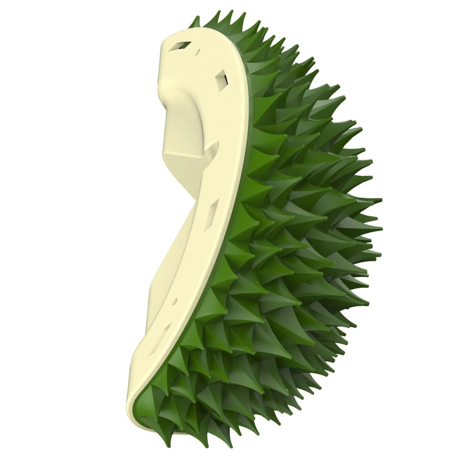 Durian-shaped cat tickling brush toy in green mounted on wall with rotating catnip ball