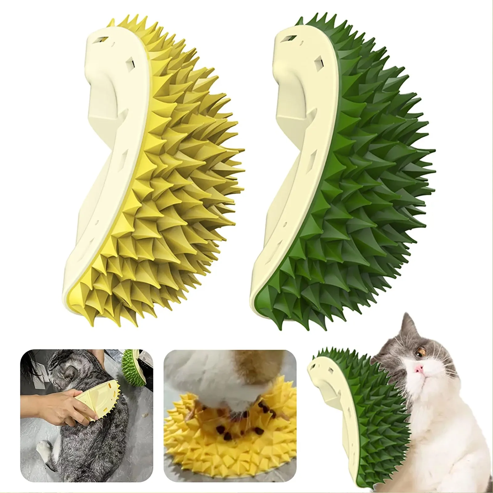 Durian-shaped cat tickling brush toy in green mounted on wall with rotating catnip ball