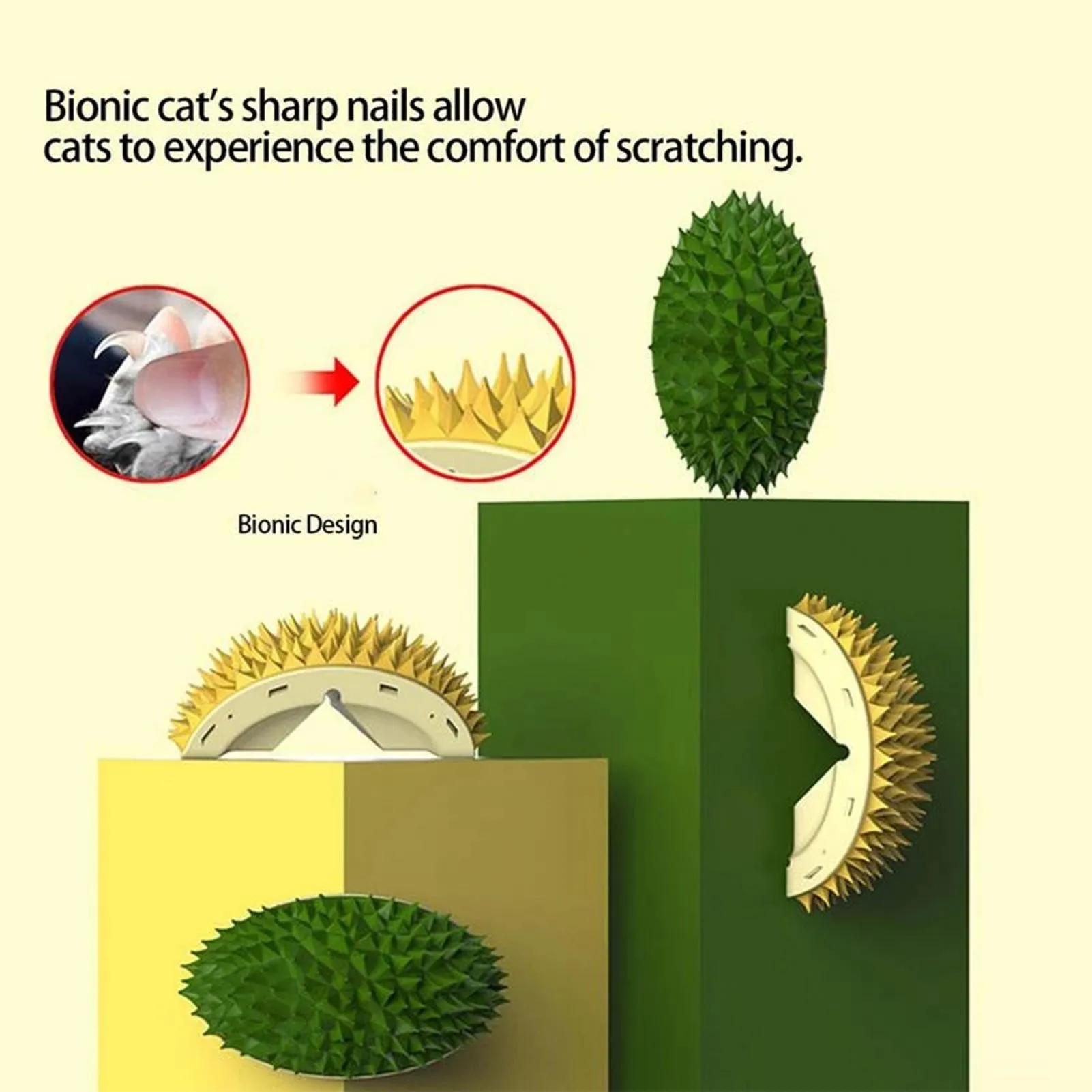 Durian-shaped cat tickling brush toy in green mounted on wall with rotating catnip ball