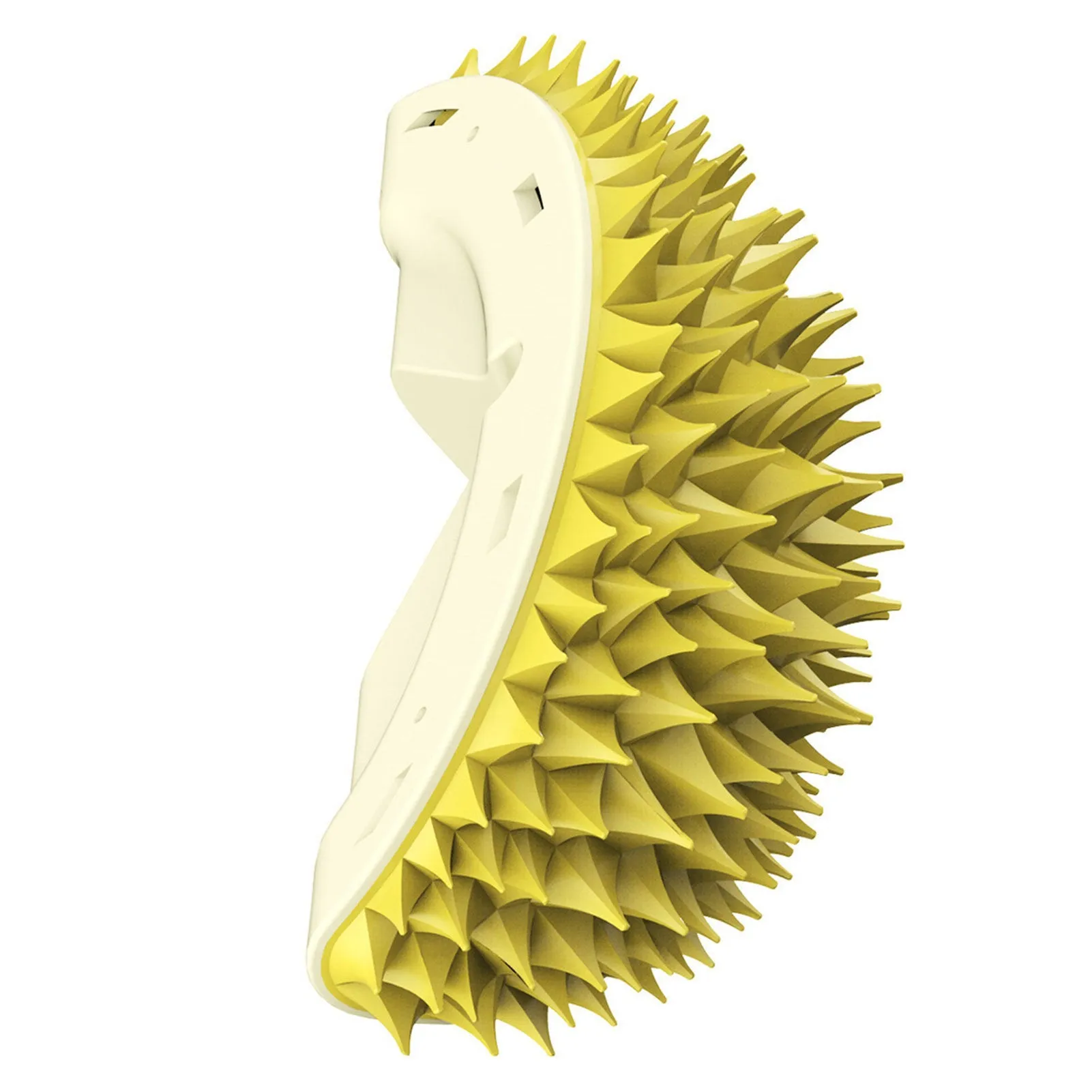 Durian-shaped cat tickling brush toy in green mounted on wall with rotating catnip ball