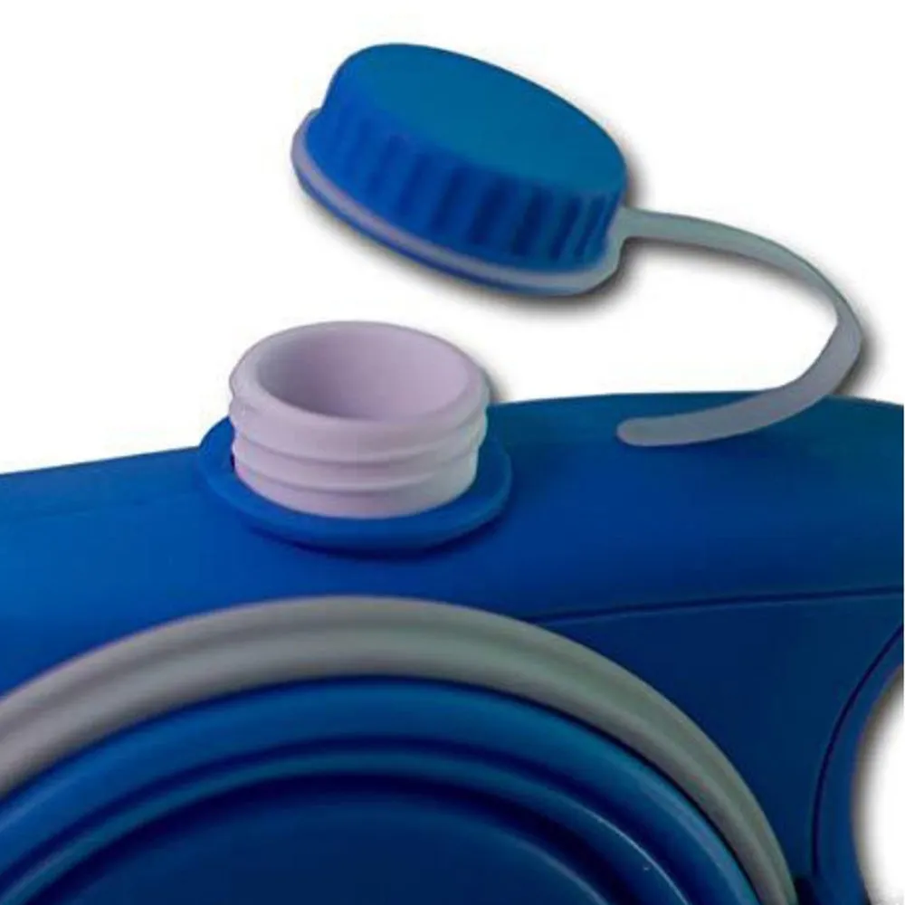 Blue retractable dog leash with ergonomic handle and silicone folding bowl on grass