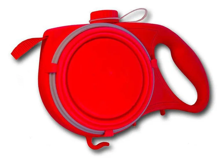 Blue retractable dog leash with ergonomic handle and silicone folding bowl on grass