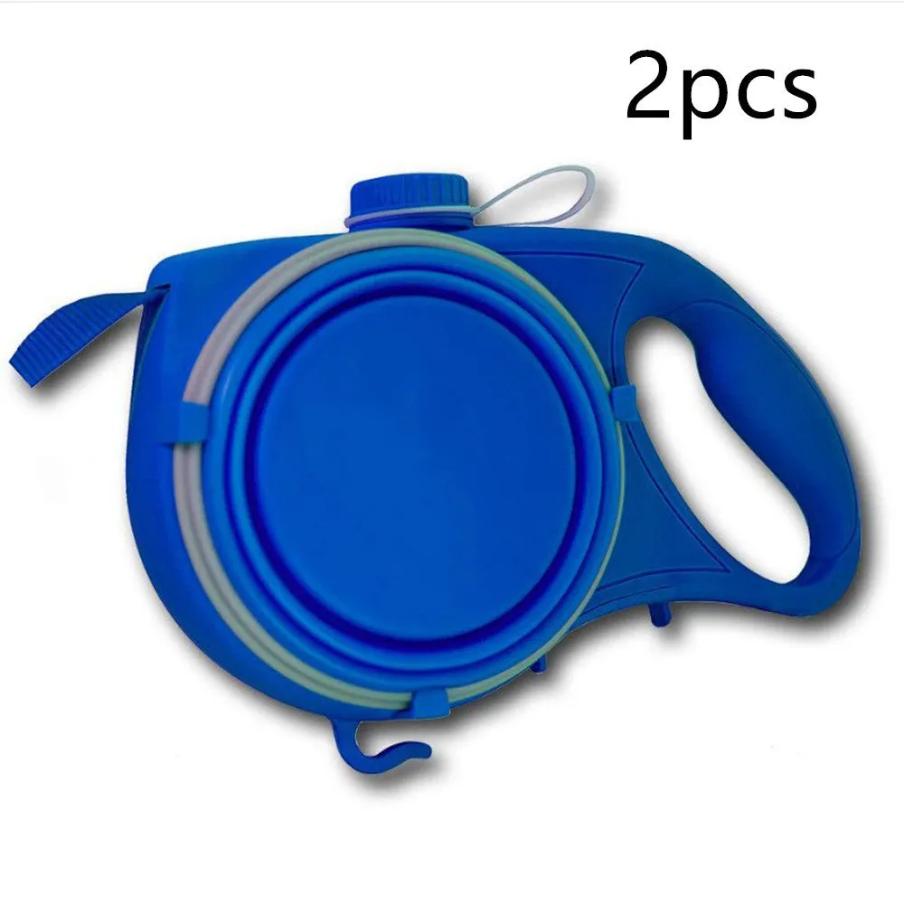 Blue retractable dog leash with ergonomic handle and silicone folding bowl on grass