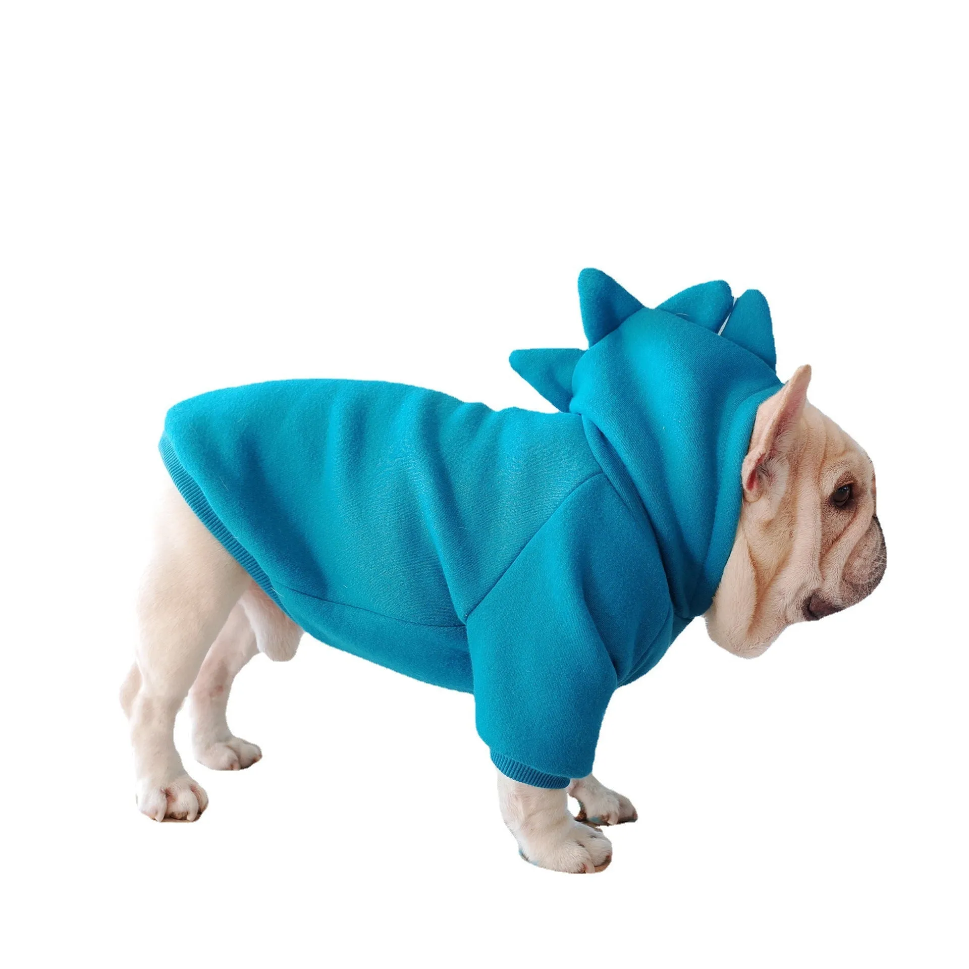 Blue fleece solid colour pet hoodie on a dog, available in sizes S M L XL