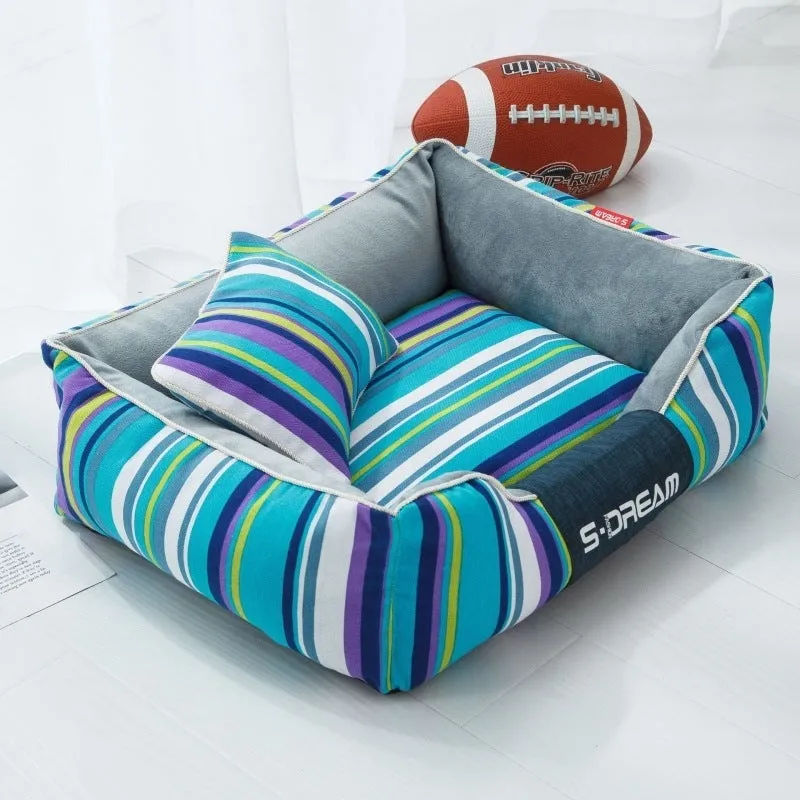 Sky blue dog bed made from cotton coarse cloth and waterproof Oxford fabric with white PP cotton wool filling