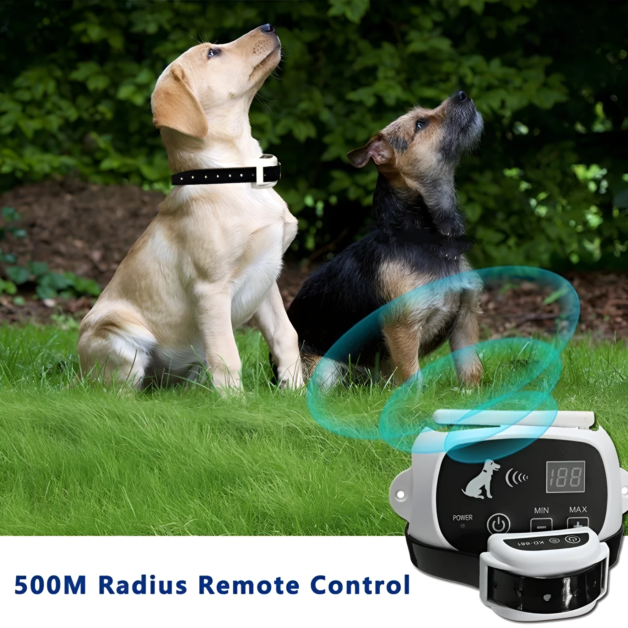 Wireless electronic pet fence system with white transmitter and waterproof rechargeable collar receiver on TPU strap