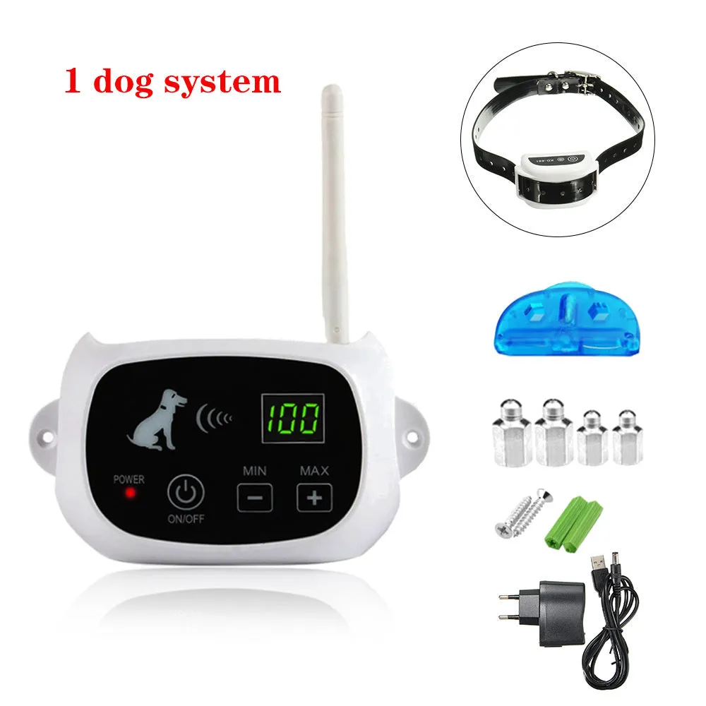 Wireless electronic pet fence system with white transmitter and waterproof rechargeable collar receiver on TPU strap