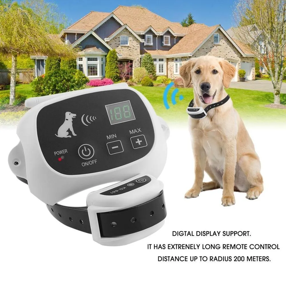 Wireless electronic pet fence system with white transmitter and waterproof rechargeable collar receiver on TPU strap