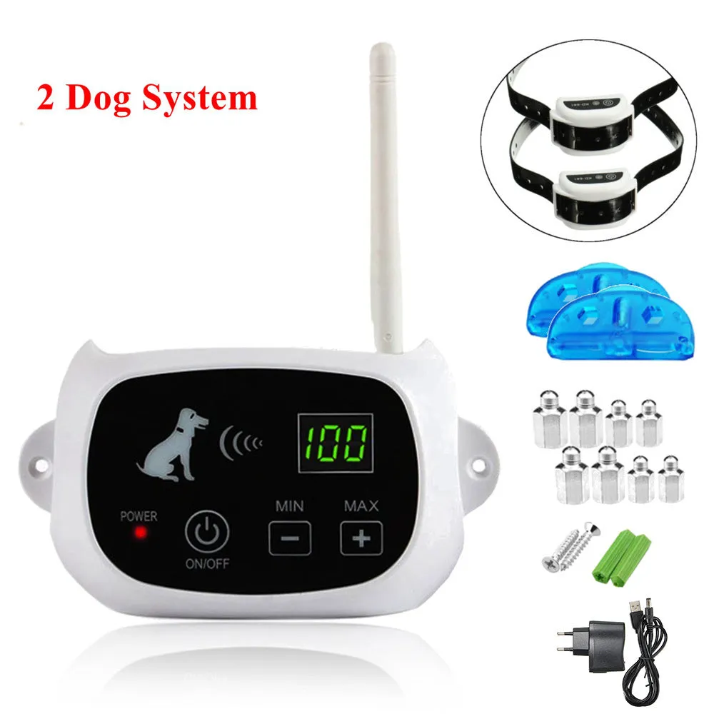 Wireless electronic pet fence system with white transmitter and waterproof rechargeable collar receiver on TPU strap