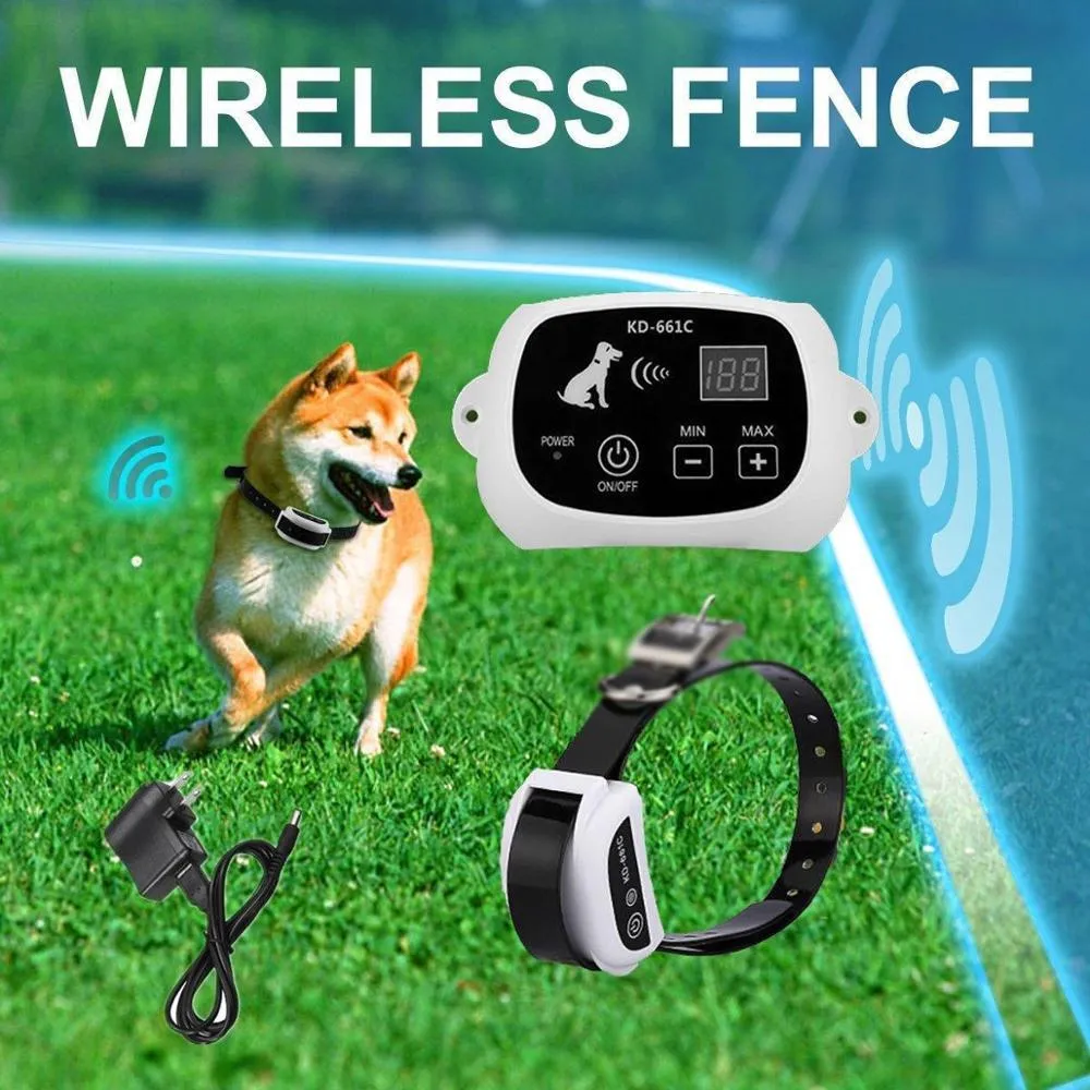 Wireless electronic pet fence system with white transmitter and waterproof rechargeable collar receiver on TPU strap