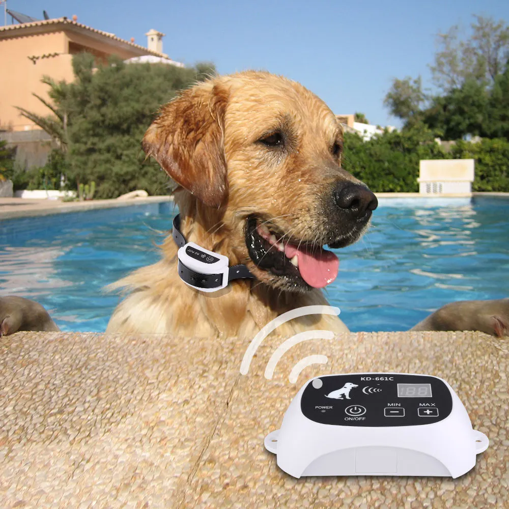 Wireless electronic pet fence system with white transmitter and waterproof rechargeable collar receiver on TPU strap