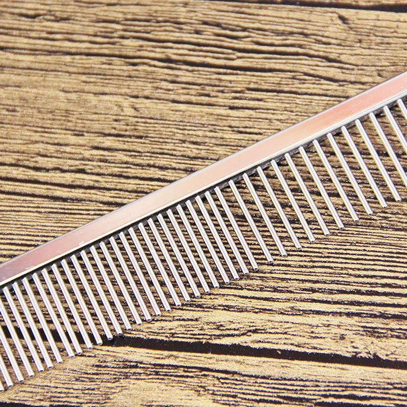 Gold dual-density pet grooming comb with stainless steel needles, 16.5cm total length