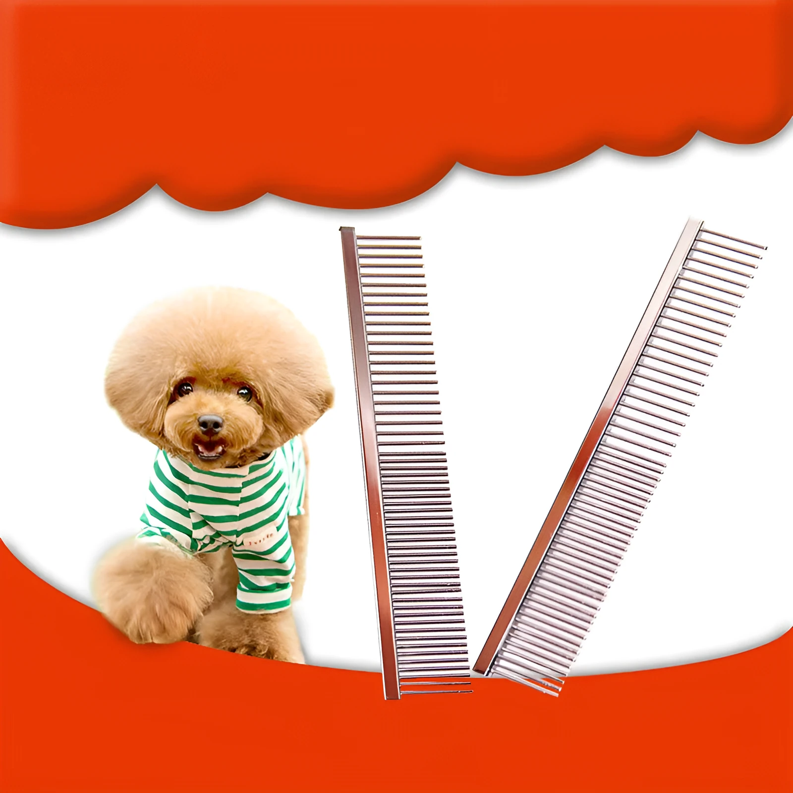 Gold dual-density pet grooming comb with stainless steel needles, 16.5cm total length