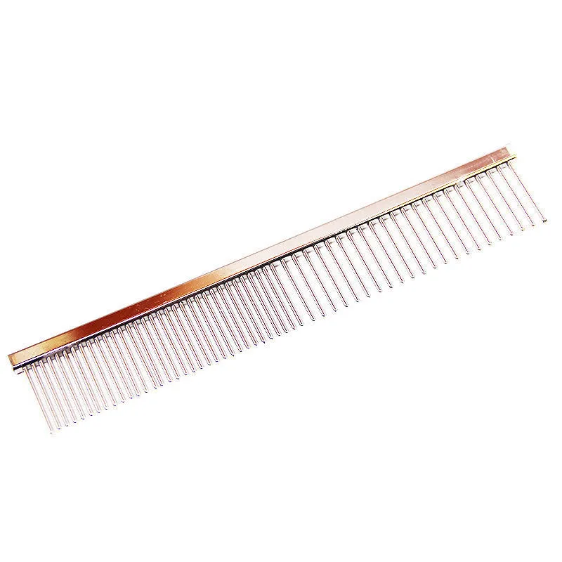 Gold dual-density pet grooming comb with stainless steel needles, 16.5cm total length
