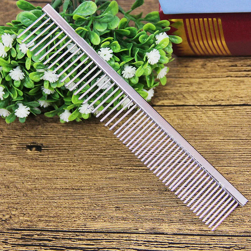 Gold dual-density pet grooming comb with stainless steel needles, 16.5cm total length