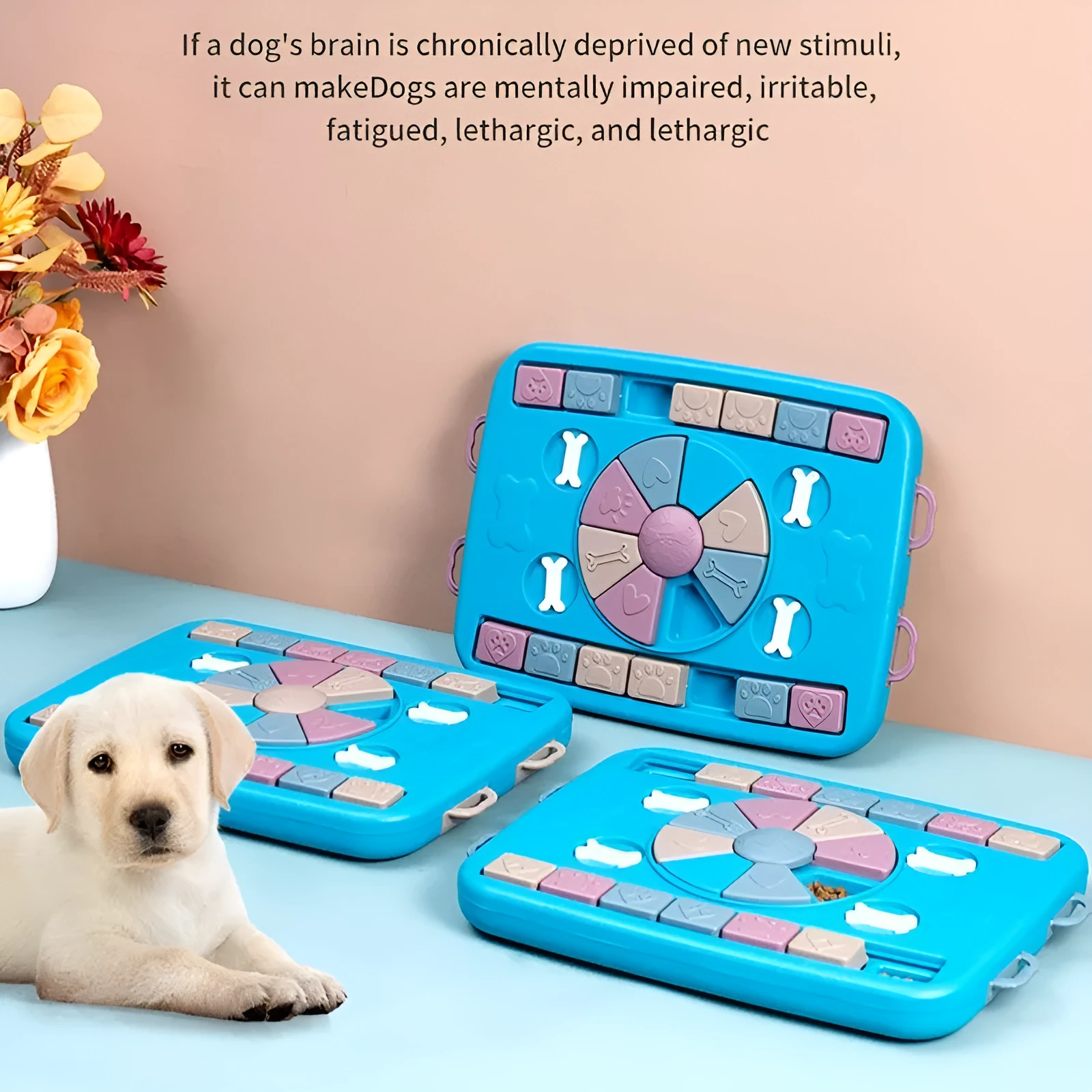 Blue plastic interactive dog food dispenser with sliding panel and locking handles on floor