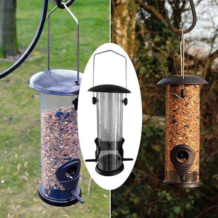 Outdoor hanging automatic bird feeder black with metal top and transparent plastic tube