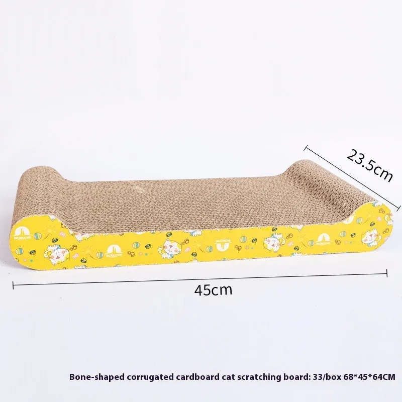 Leather-trimmed cat scratch board with corrugated paper surface in a bone shape style.