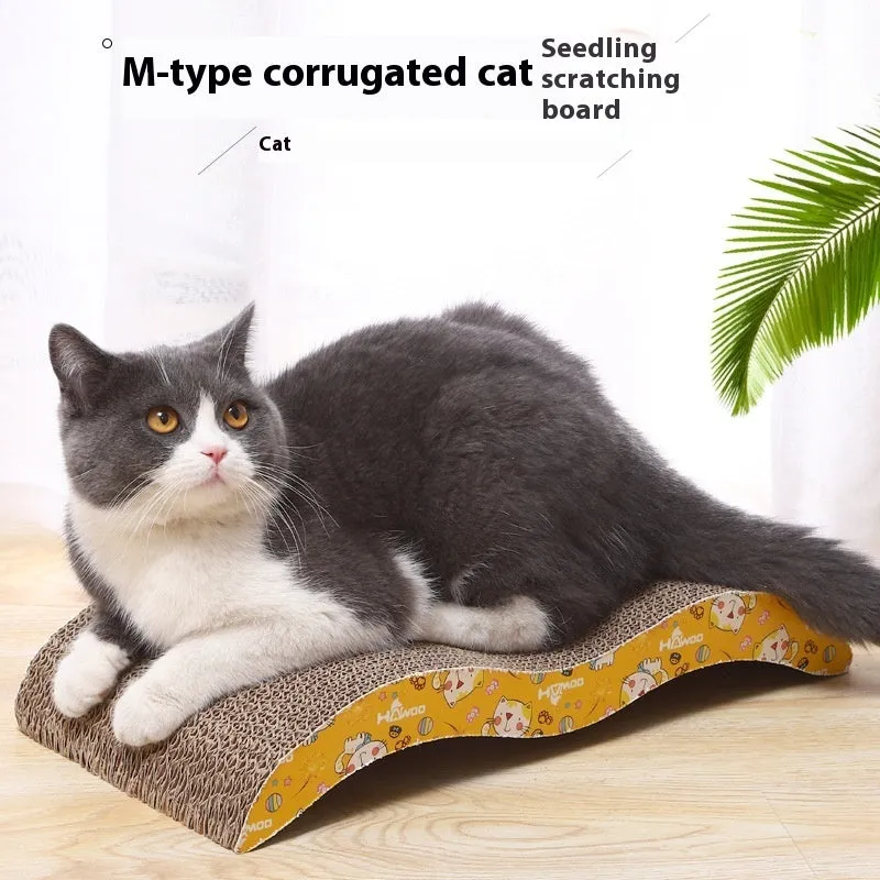 Leather-trimmed cat scratch board with corrugated paper surface in a bone shape style.